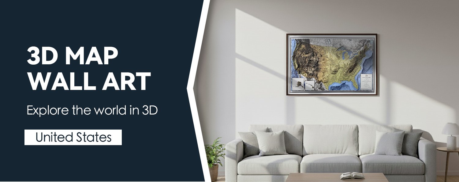 3D raised relief USA map wall art displayed in a modern living room