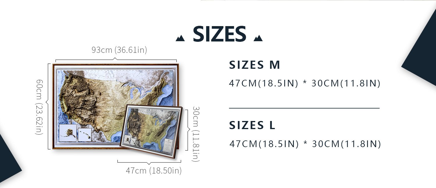 Size comparison chart for the framed and frameless 3D USA relief map in medium and large options