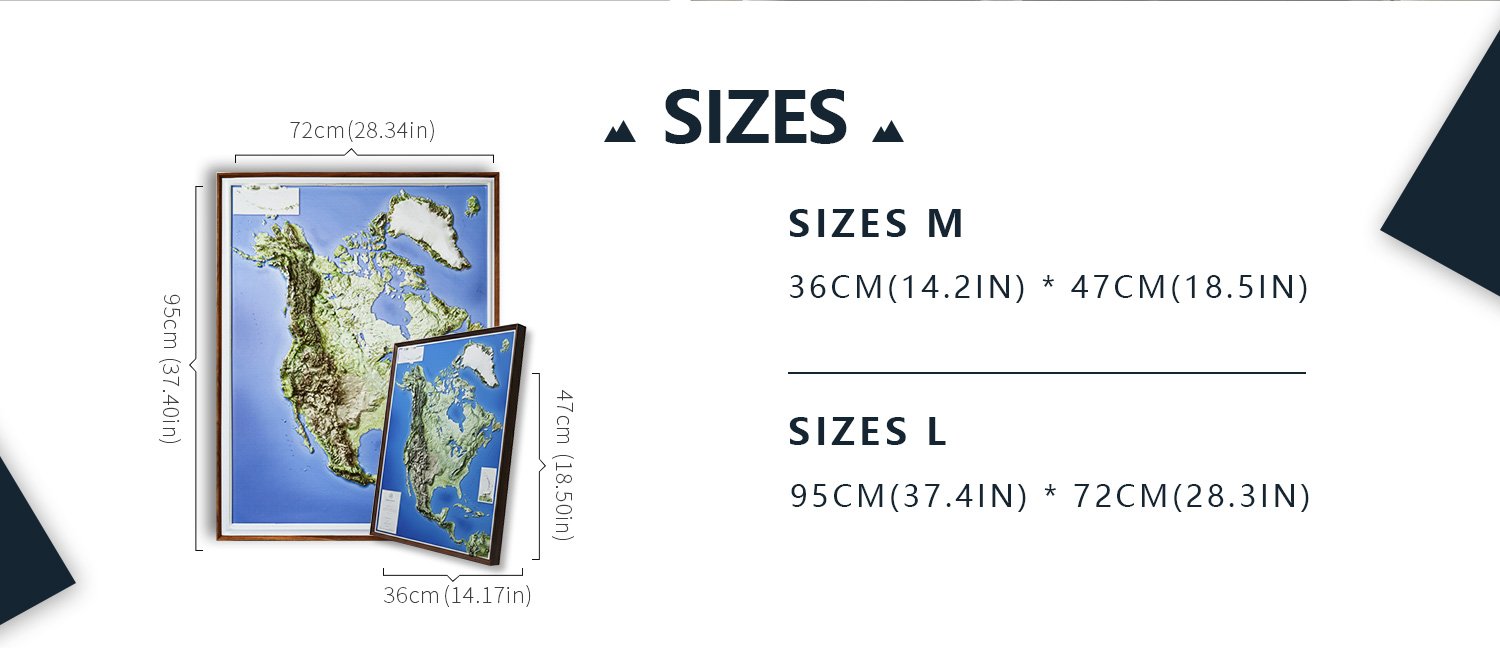Size chart comparing medium and large options for the North America relief map.