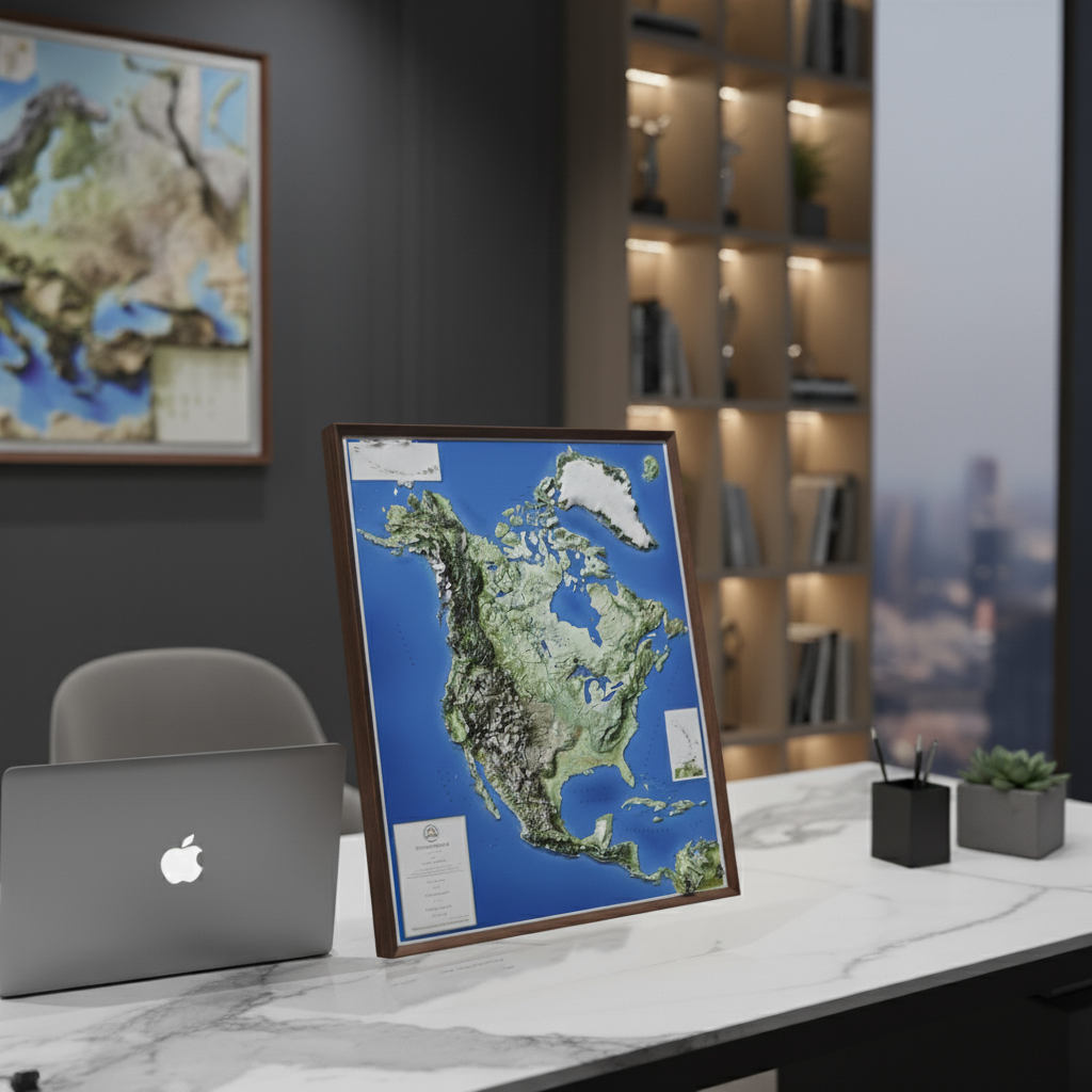 North America wall art displayed on a desk in a modern home office.