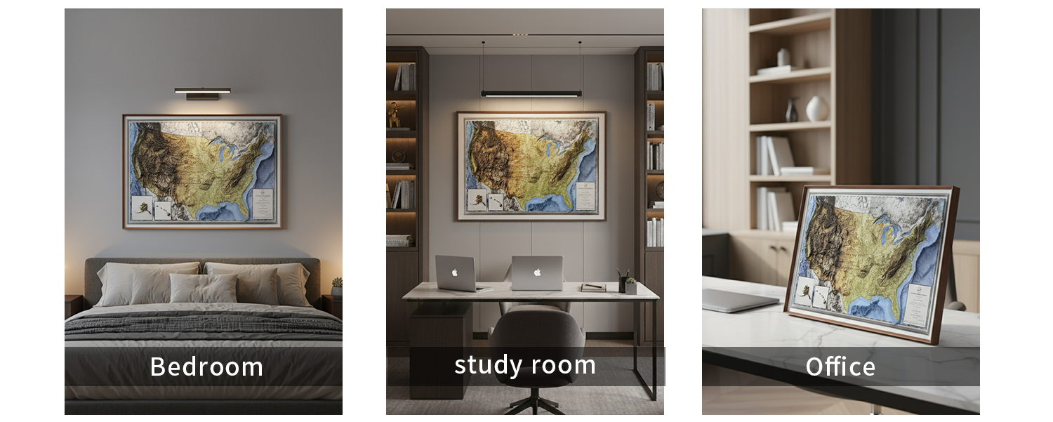 3D USA relief map wall art displayed in bedroom, study room, and office settings