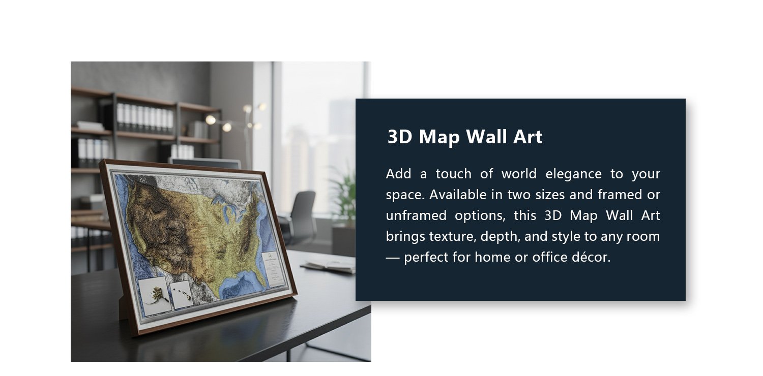 USA 3D raised relief map with description panel and detailed texture close-ups