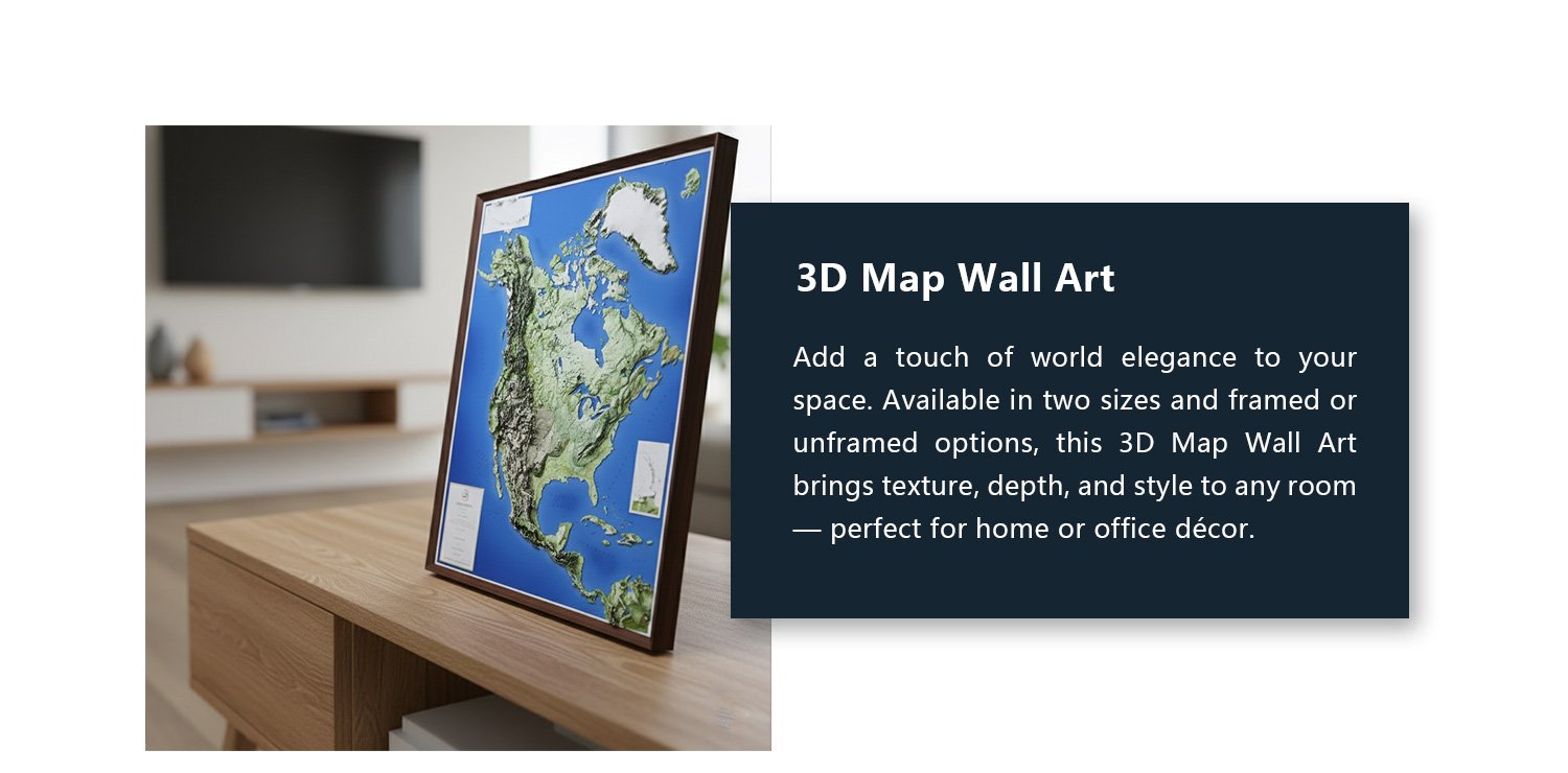 North America raised relief map displayed on a table with a short product description.