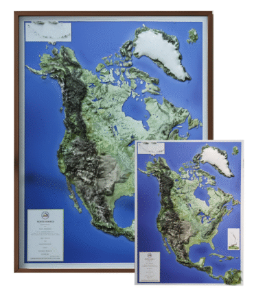 Front display of framed North America wall art with additional smaller version.