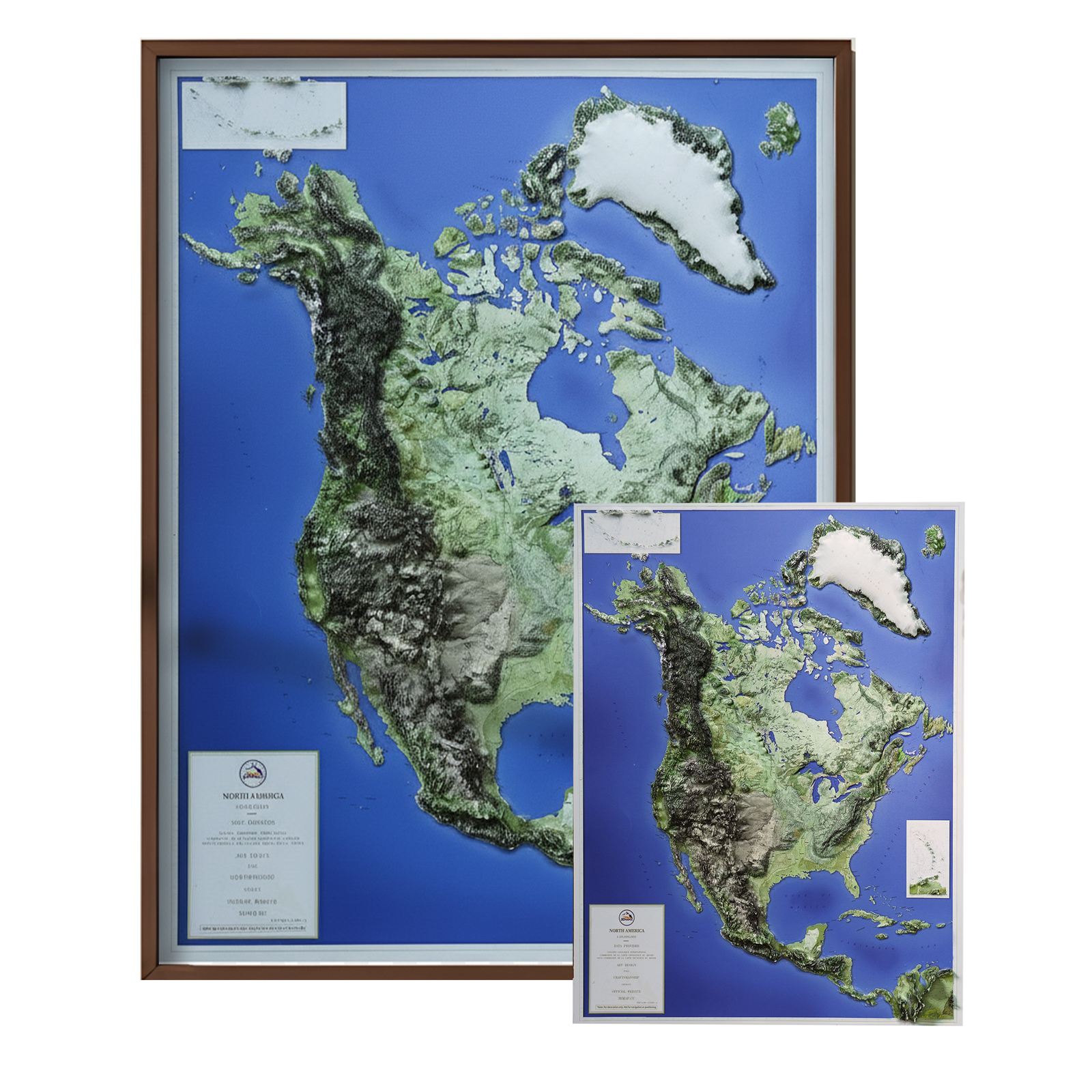 Front display of framed North America wall art with additional smaller version.