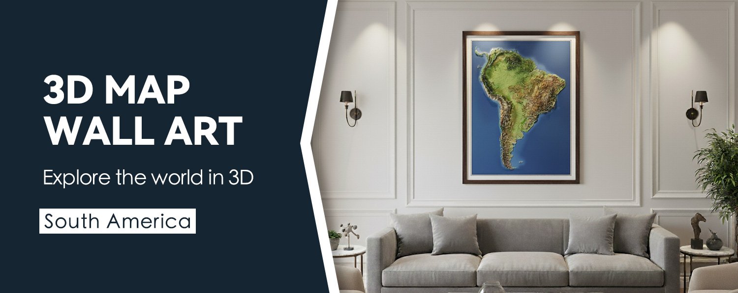 South America 3D relief map wall art displayed in a modern living room