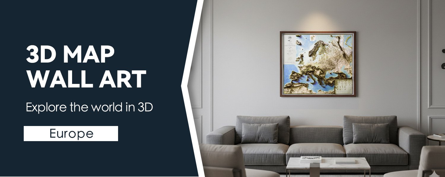 European 3D Relief Map Wall Art displayed in a modern living room scene