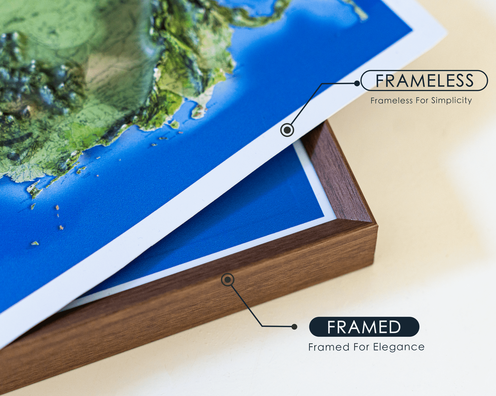 Comparison of framed and frameless 3D Europe relief map wall art