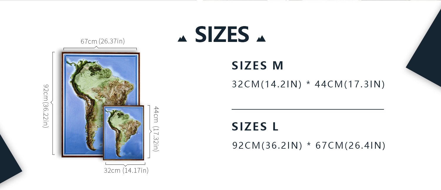 South America 3D relief map size comparison chart for medium and large formats