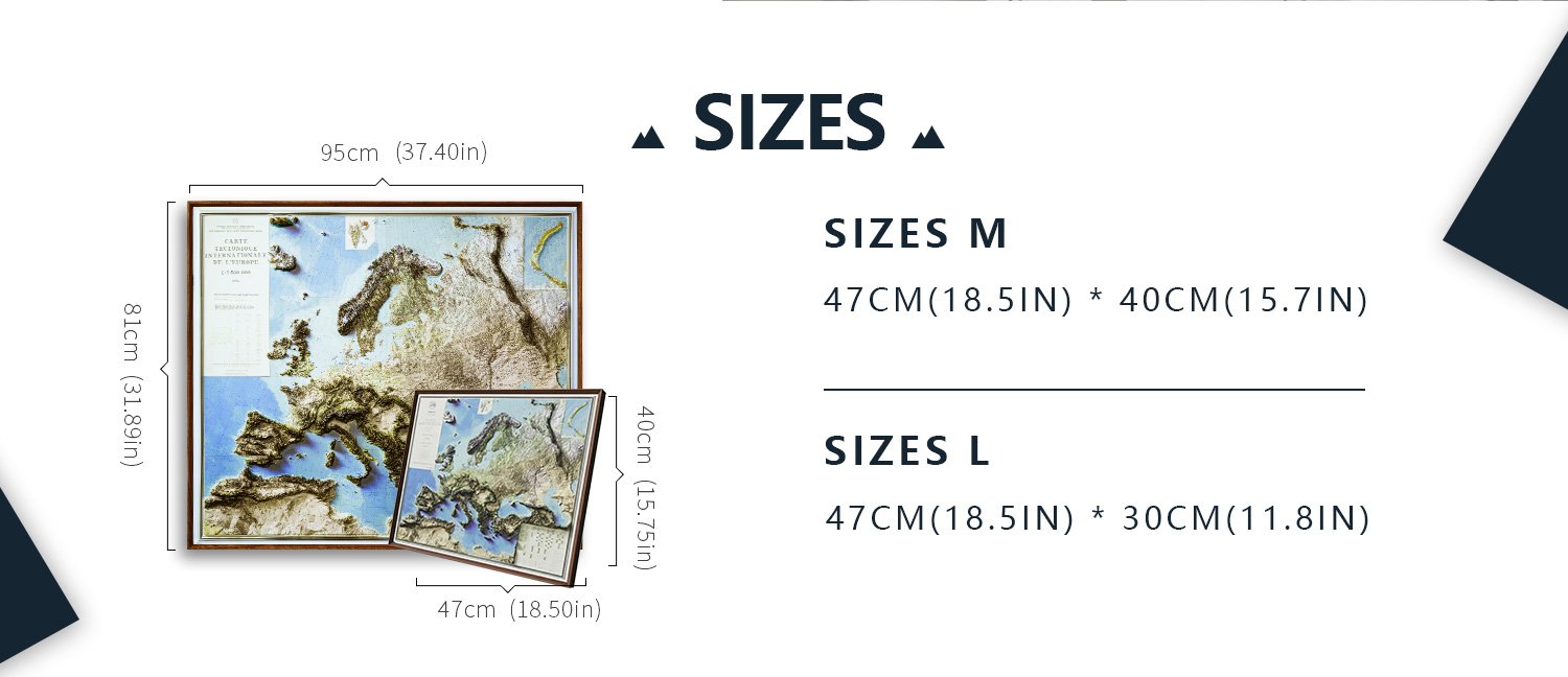 Size comparison chart for Europe 3D Relief Map in Medium and Large options
