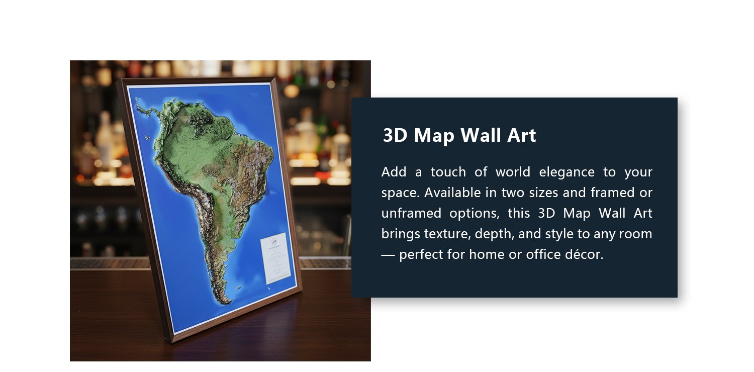 Framed South America 3D relief map displayed in various interior spaces