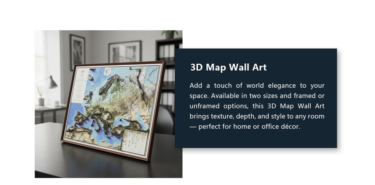European 3D terrain wall map shown in a minimalist interior with descriptive text