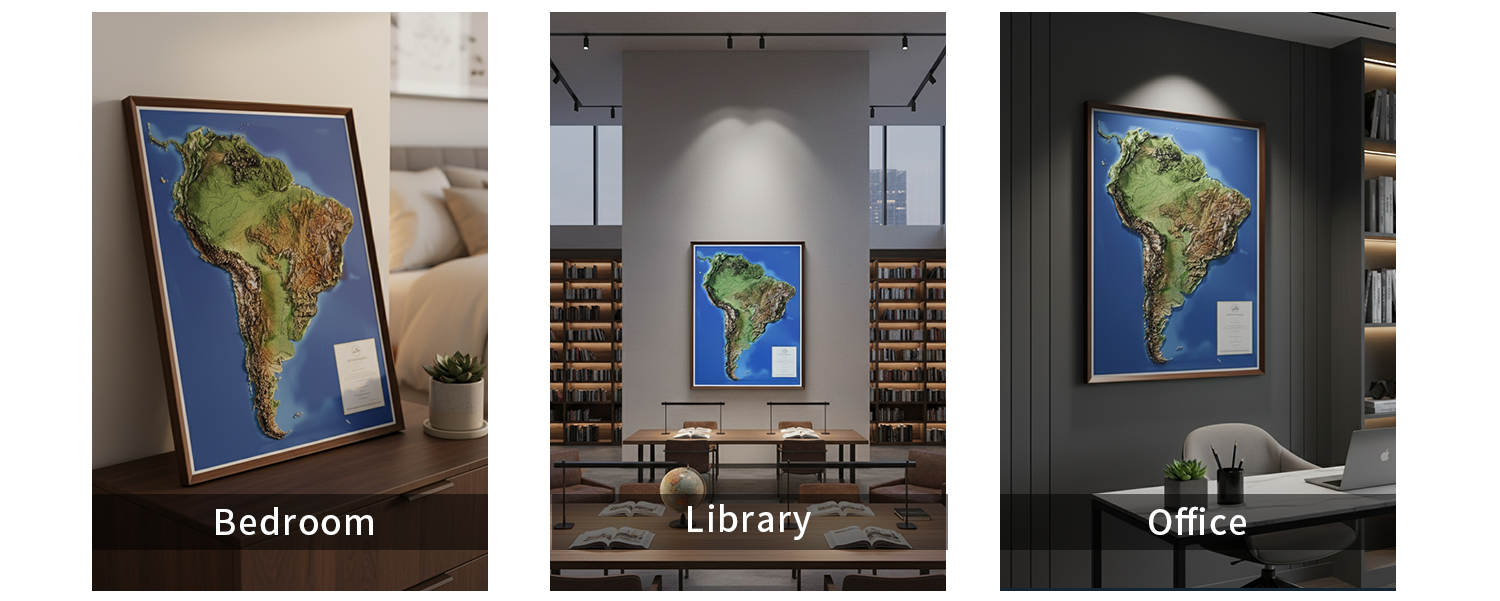 South America 3D relief map wall art styled in multiple room settings