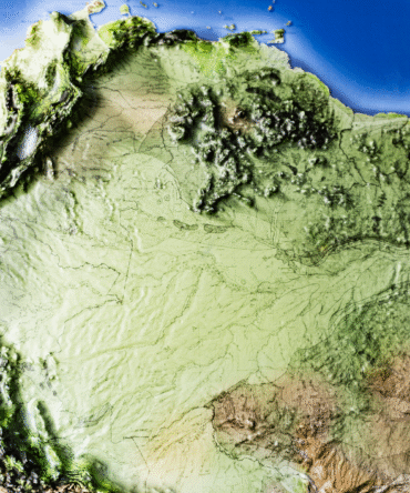 South America topographic 3D relief map showing detailed elevation