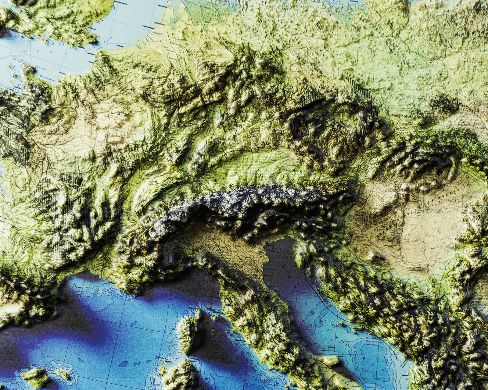 3D Europe Relief Map Detail – Mountain Elevation Close-Up