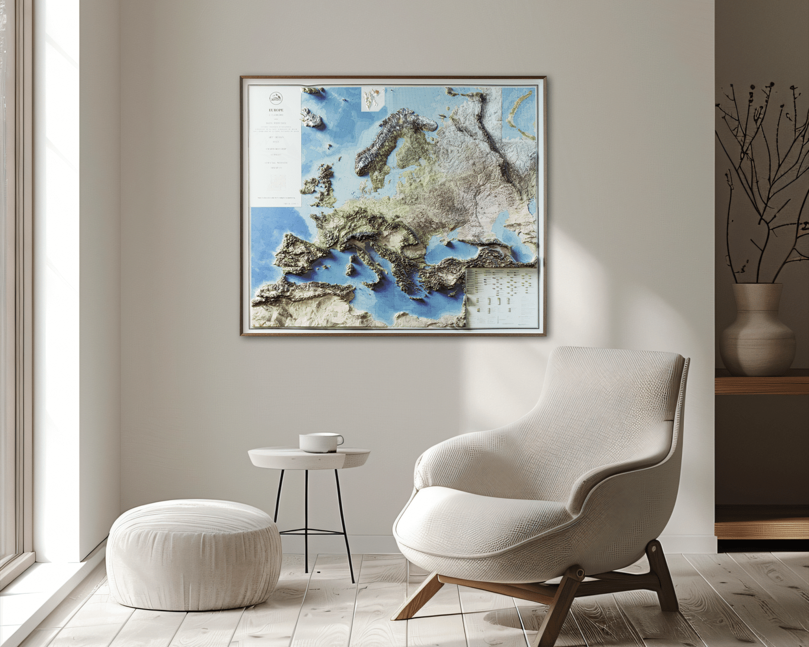 Framed 3D Europe relief map wall art hanging in a minimalist modern living room