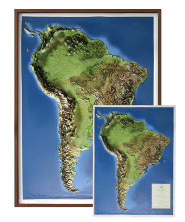 Framed South America 3D relief map with size variants displayed together